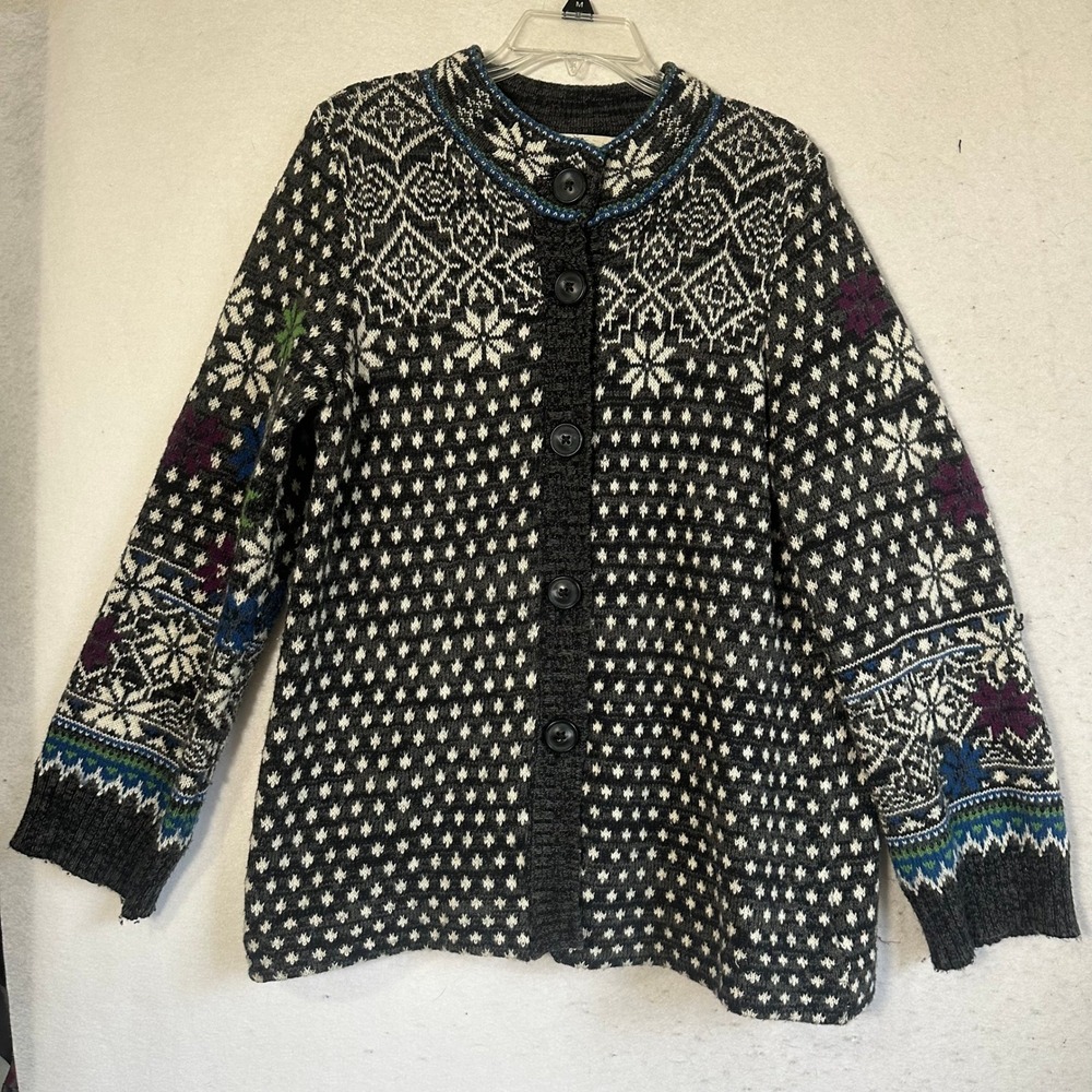 Rosie Neira Nordic Fair Isle Cardigan Sweater Grey White Knit Buttonβ Front Med